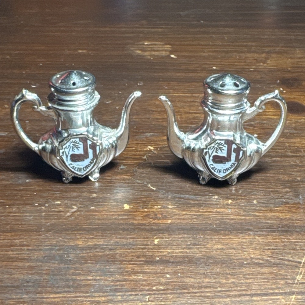 VINTAGE‎ CALIFORNIA SOUVENIR TEA POT SALT AND PEPPER SHAKERS CHROME PLATED
